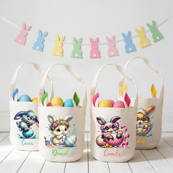 Personalisierte niedliche Kaninchen Osterei Hasenohren Korb mit Namen Eierjagd Party Ostergeschenk für Jungen Mädchen
