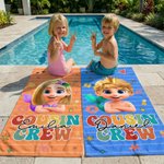 Personlig Cousin Crew Cartoon Character Hurtigtørkende overdimensjonert mikrofiber badehåndkle og snorveske sett med navn Bursdagsgave til familien