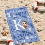 Personalized Cute Cartoon Kid Character Initial Quick Dry Oversized Beach Towel with Name Beach Party Birthday Gift for Kids