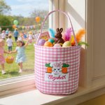 Personalised Cute Easter Bunny Carrot Plaid Basket with Embroidered Name Eggs Hunting Party Favor Easter Gift for Boys Girls