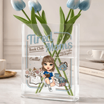Personalised Cartoon Character Clear Book Vase with Name Mother's Day Birthday Gift for Women Book Lovers