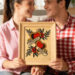 Personalised American Traditional Hearts Tattoo Flash Art Print with Name Home Decor Birthday Anniversary Gift for Couples
