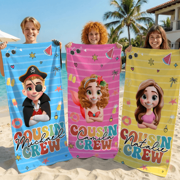 Personlig Cousin Crew Cartoon Character Hurtigtørkende overdimensjonert mikrofiber badehåndkle og snorveske sett med navn Bursdagsgave til familien