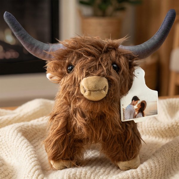 A Furry Keepsake You Can Actually Hug - Personalised Text Photo Ear Tag Highland Cow Plush Toy Furry Stuffed Animal Doll