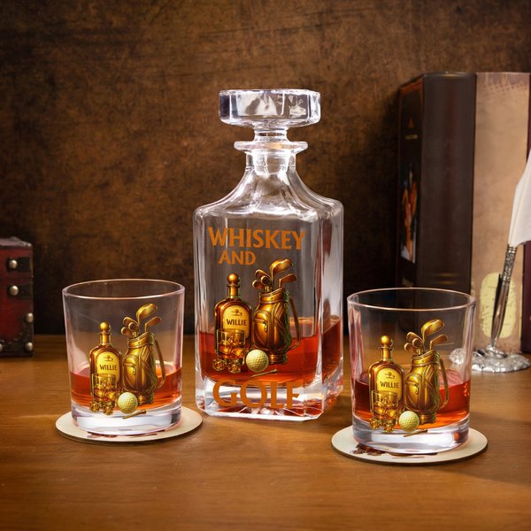 Personalised Gold Golf Equipment Whiskey Decanter Glasses Coaster Set with Name Golf Club Birthday Gift for Golf Lovers Whiskey Drinkers