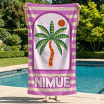 Gepersonaliseerde Palmboom Gestreepte Sneldrogende Microfiber Strandhanddoek met Naam Zomervakantie Reizen Verjaardagscadeau voor Familie Vrienden