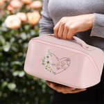 Personalisierte Herz Geburt Blume Hand in Hand Design PU Leder Kosmetiktasche mit Namen und Griff Geburtstag Muttertag Geschenk für Mama Oma