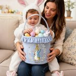 Personalized Cute Peter Rabbit Duck Sheep Plaid Bucket Basket with Name and Ruffles Easter Egg Hunting Easter Party Favors Gift for Kids