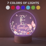 Personalized Pink Flower Butterfly Seven Colors Initial LED Night Light with Name and Wooden Base Room Decor Birthday Gift for Woman Friend