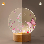 Personalized Pink Flower Butterfly Seven Colors Initial LED Night Light with Name and Wooden Base Room Decor Birthday Gift for Woman Friend