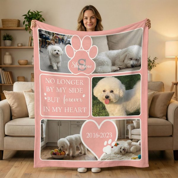 Personalised Heart Paw Print Pet Photo Warm Throw Blanket with Name and Year Memorial Bereavement Gift for Dog Owners