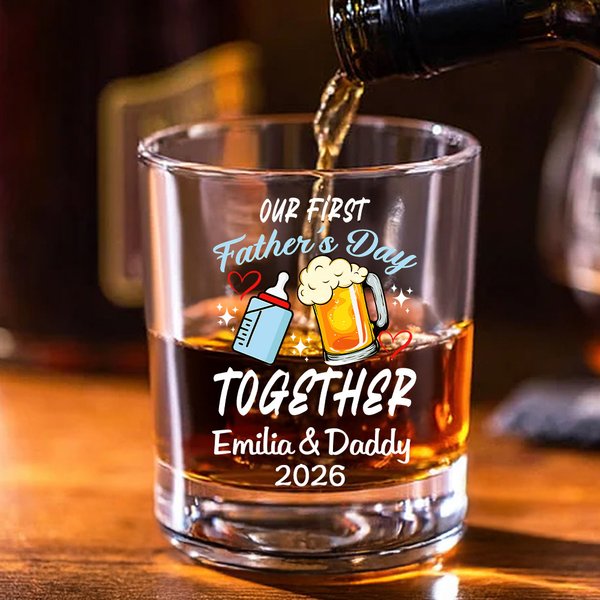 Personalized Cute Milk Bottle and Beer Mug Design 10 oz Whiskey Glass with Name and Year Home Decor Our First Father's Day Gift for Dad Wine Lovers