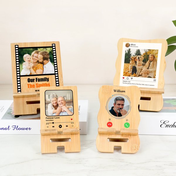 Personligt foto Bärbart avtagbart bambu telefonställ Ipad-hållare med namn text och datum Desk Organizer Daglig användning Födelsedagspresent för familjen
