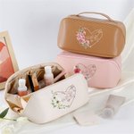 Personalisierte Herz Geburt Blume Hand in Hand Design PU Leder Kosmetiktasche mit Namen und Griff Geburtstag Muttertag Geschenk für Mama Oma