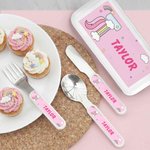 Personalisierte Fantasy Einhorn Gabel Löffel Messer 3 Stück Besteck Set mit Namen und Fall zurück zu Schule Geburtstag Geschenk für Jungen Mädchen