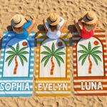 Gepersonaliseerde Palmboom Gestreepte Sneldrogende Microfiber Strandhanddoek met Naam Zomervakantie Reizen Verjaardagscadeau voor Familie Vrienden