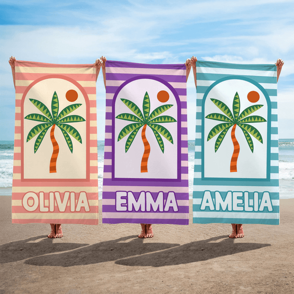 Asciugamano da spiaggia personalizzato in microfibra con nome, a strisce di palme, ad asciugatura rapida, uso vacanza estiva, regalo di compleanno per amici e famiglia