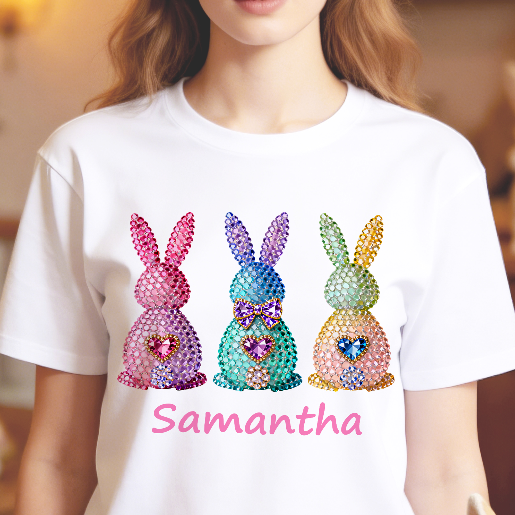 Personalisierte Diamant Kaninchen Muster T-shirt Sweatshirt Hoodie mit Namen Alltagskleidung Ostern Geburtstag Geschenk für Mutter Frauen