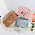 Personalisierte Herz Geburt Blume Hand in Hand Design PU Leder Kosmetiktasche mit Namen und Griff Geburtstag Muttertag Geschenk für Mama Oma