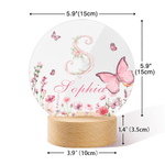 Personalized Pink Flower Butterfly Seven Colors Initial LED Night Light with Name and Wooden Base Room Decor Birthday Gift for Woman Friend