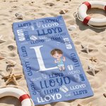 Personalised Cartoon Character Word Cloud Quick Dry Oversized Beach Towel with Initial and Name Beach Party Birthday Gift for Family