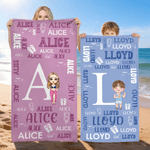 Personalised Cartoon Character Word Cloud Quick Dry Oversized Beach Towel with Initial and Name Beach Party Birthday Gift for Family