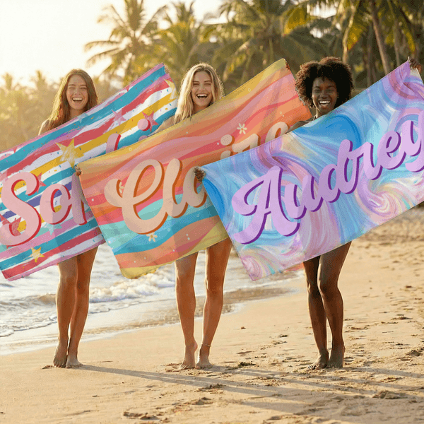Personalised Fantasy Rainbow Colour-Blocking Name Quick Dry Microfiber Beach Towel and Drawstring Bag Set Vacation Birthday Gift for Family Friends