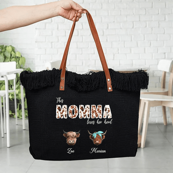 Personalised Highland Cow Canvas Tote Bag with 1-8 Names and Title Travel Essentials Mother's Day Gift for Mother Grandmother