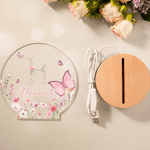 Personalized Pink Flower Butterfly Seven Colors Initial LED Night Light with Name and Wooden Base Room Decor Birthday Gift for Woman Friend
