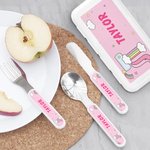 Personalisierte Fantasy Einhorn Gabel Löffel Messer 3 Stück Besteck Set mit Namen und Fall zurück zu Schule Geburtstag Geschenk für Jungen Mädchen