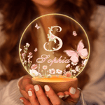 Personalized Pink Flower Butterfly Seven Colors Initial LED Night Light with Name and Wooden Base Room Decor Birthday Gift for Woman Friend
