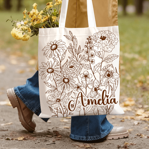 Personlig Handmålad Blomma Tote Väska med Namn Daglig Användning Resa Viktig Födelsedag Present till Kvinna Flicka