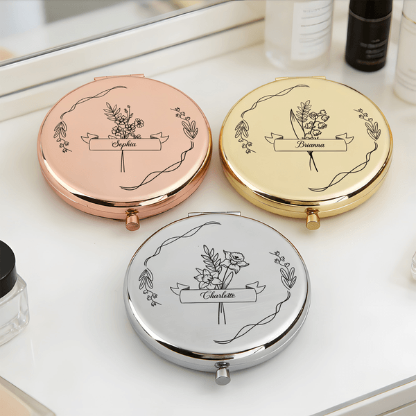Personalized Birth Flower Portable Folding Pocket Makeup Mirror with Name Mother's Day Wedding Birthday Gift for Bridesmaid Woman