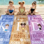 Personalised Cartoon Character Word Cloud Quick Dry Oversized Beach Towel with Initial and Name Beach Party Birthday Gift for Family
