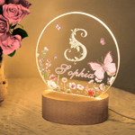 Personalized Pink Flower Butterfly Seven Colors Initial LED Night Light with Name and Wooden Base Room Decor Birthday Gift for Woman Friend