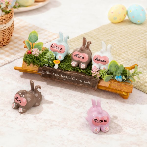 Personalised Cute Family Bunny Tree Stump Figurines with 2-8 Names and Text Home Decor Holiday Christmas Gift for Family Grandmother Grandfather