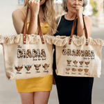 Personalized Highland Cow Canvas Tote Bag with 1-8 Names and Title Travel Essentials Mother's Day Gift for Mother Grandmother