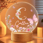Personalised Pink Flower Butterfly Seven Colours Initial LED Night Light with Name and Wooden Base Room Decor Birthday Gift for Woman Friend