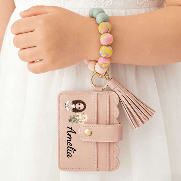 Personalized Cartoon Character Birth Flower Wristlet Keychain Wallet Card Holder with Beaded Bracelet and Name Birthday Gift for Kids