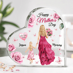 Personlig blomsterkarakter mamma og barn bakfra hjerteformet akrylplakett med navn Skrivebordsdekorasjon Morsdag Bursdagsgave til mamma