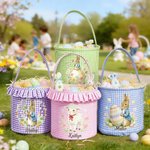 Personalized Cute Peter Rabbit Duck Sheep Plaid Bucket Basket with Name and Ruffles Easter Egg Hunting Easter Party Favors Gift for Kids
