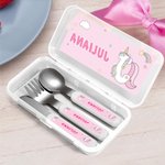 Personalisierte Fantasy Einhorn Gabel Löffel Messer 3 Stück Besteck Set mit Namen und Fall zurück zu Schule Geburtstag Geschenk für Jungen Mädchen