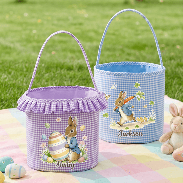 Personalized Cute Peter Rabbit Duck Sheep Plaid Bucket Basket with Name and Ruffles Easter Egg Hunting Easter Party Favors Gift for Kids