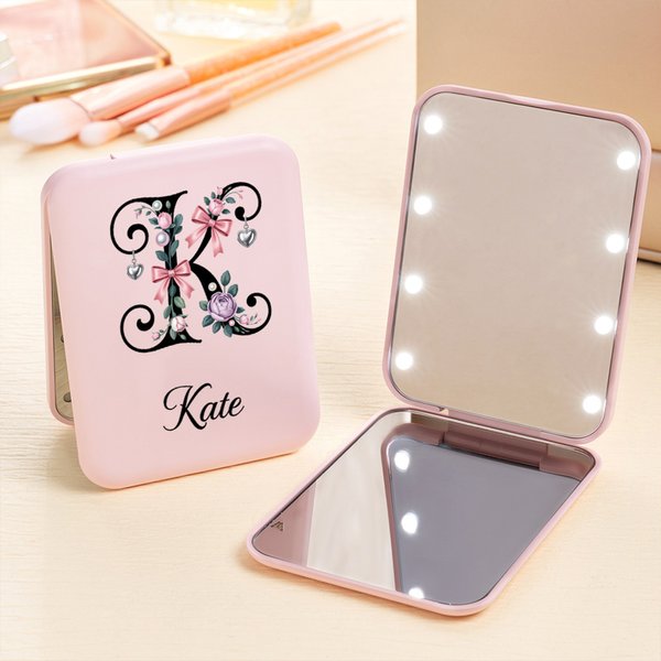 Personalized Stylish Bow Floral Initial LED Makeup Mirror with Name Travel Essential Daily Use Birthday Gift for Women Makeup Lovers