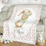 Personalised Bunny Floral Stripes Throw Blanket with Name Home Decor Nursery Bedding Easter Birthday Gift for Kids Newborns