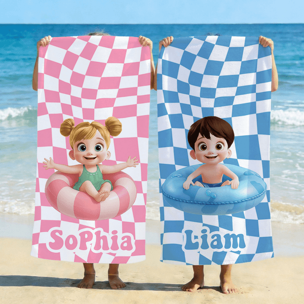 Personalisiertes Strandtuch mit 3D-Cartoon-Kinder und Namen | Wavy Checkerboard | schnelltrocknen | sandabweisend | Sommer Urlaub Geschenk für Kinder