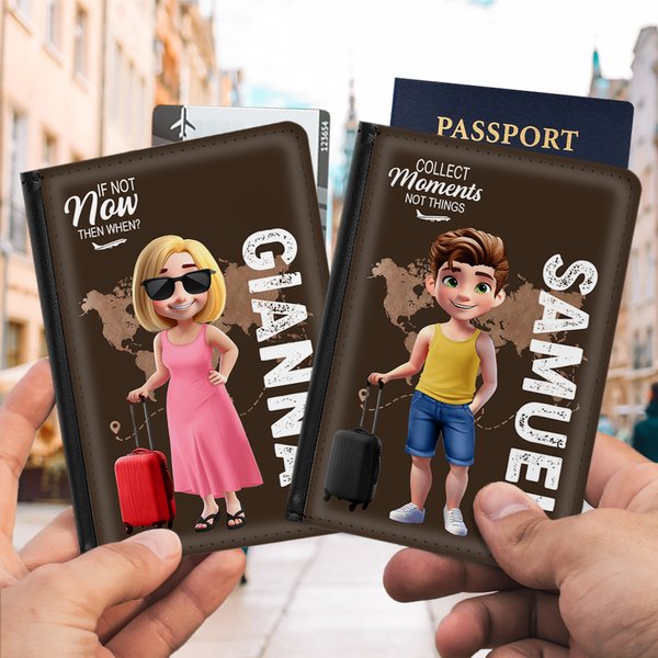 Personalized 3D Cartoon Character Airplane Map PU Leather Passport Holder with Name Travel Essential Birthday Gift for Him Her