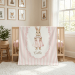 Personalised Bunny Floral Stripes Throw Blanket with Name Home Decor Nursery Bedding Easter Birthday Gift for Kids Newborns