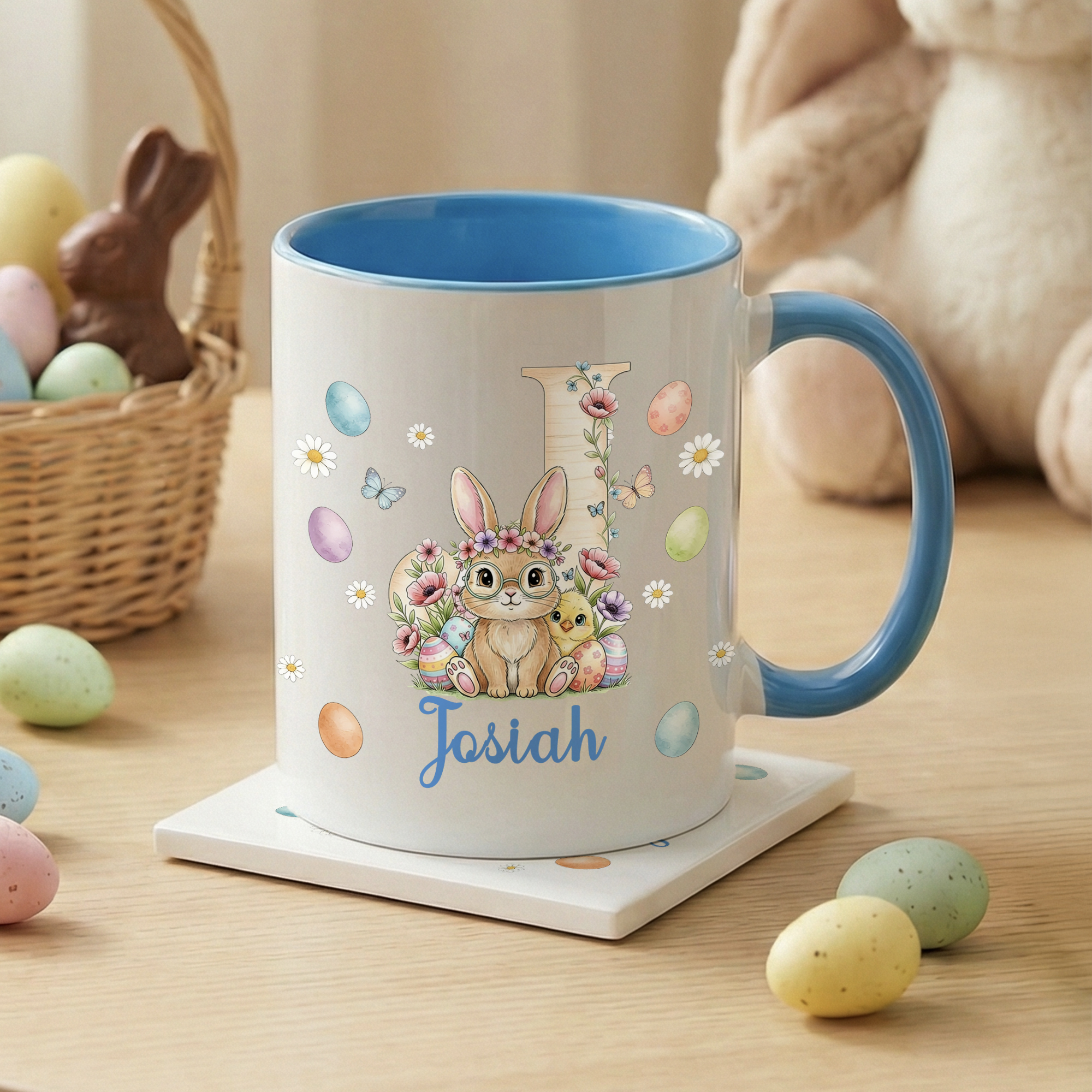 Personalisierte niedliche Osterhase Keramik Kaffeebecher mit Namen und Initialen täglichen Gebrauch Ostern Geburtstag Geschenk für Jungen Mädchen
