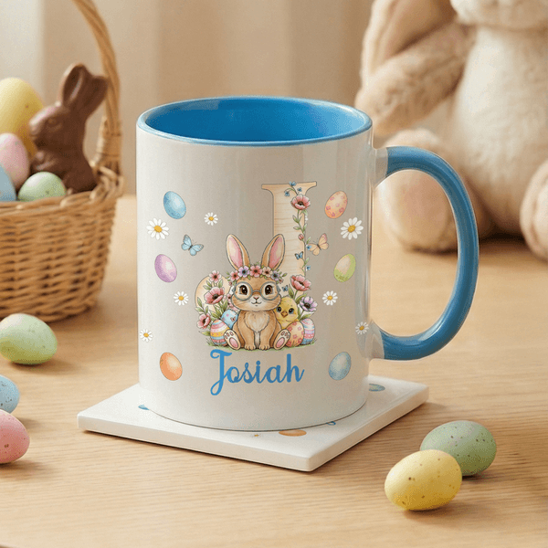 Personalised Cute Easter Bunny Ceramic Coffee Mug with Name and Initial Daily Use Easter Birthday Gift for Boys Girls